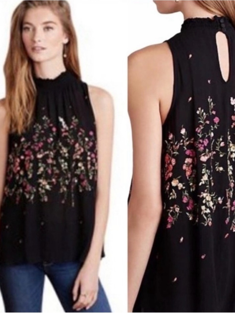 Anthropologie Floral High-Neck Embroidered Sleeveless Top - Black